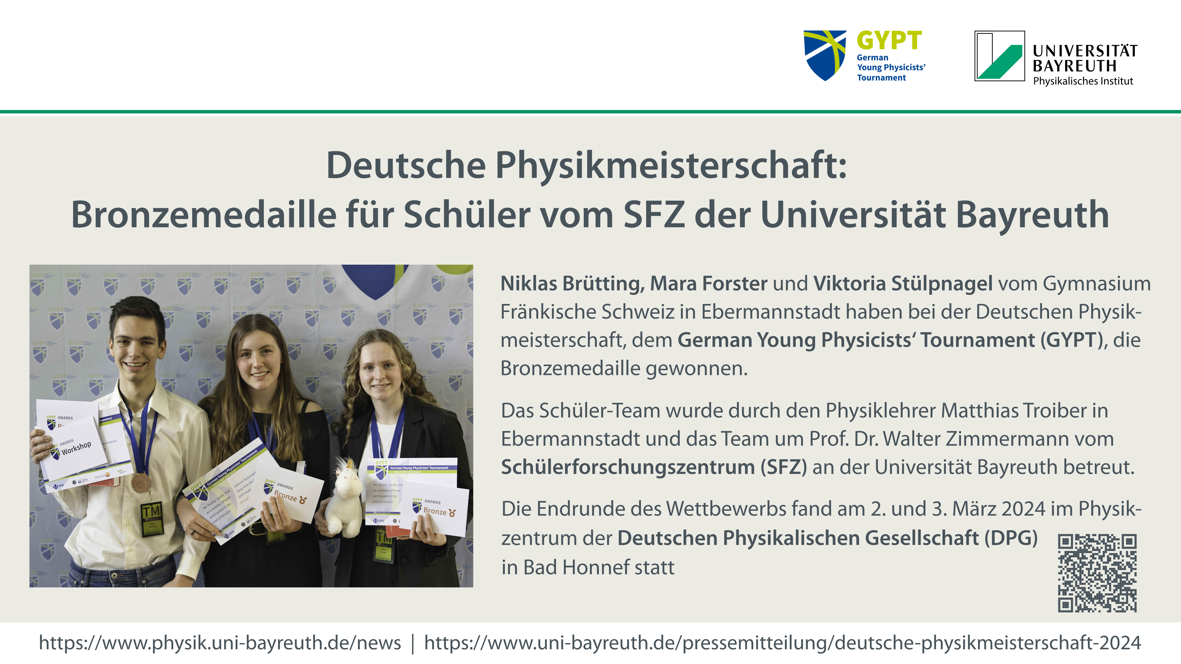 Deutsche Physikmeisterschaft: Bronzemedaille für Schüler vom SFZ der Universität Bayreuth