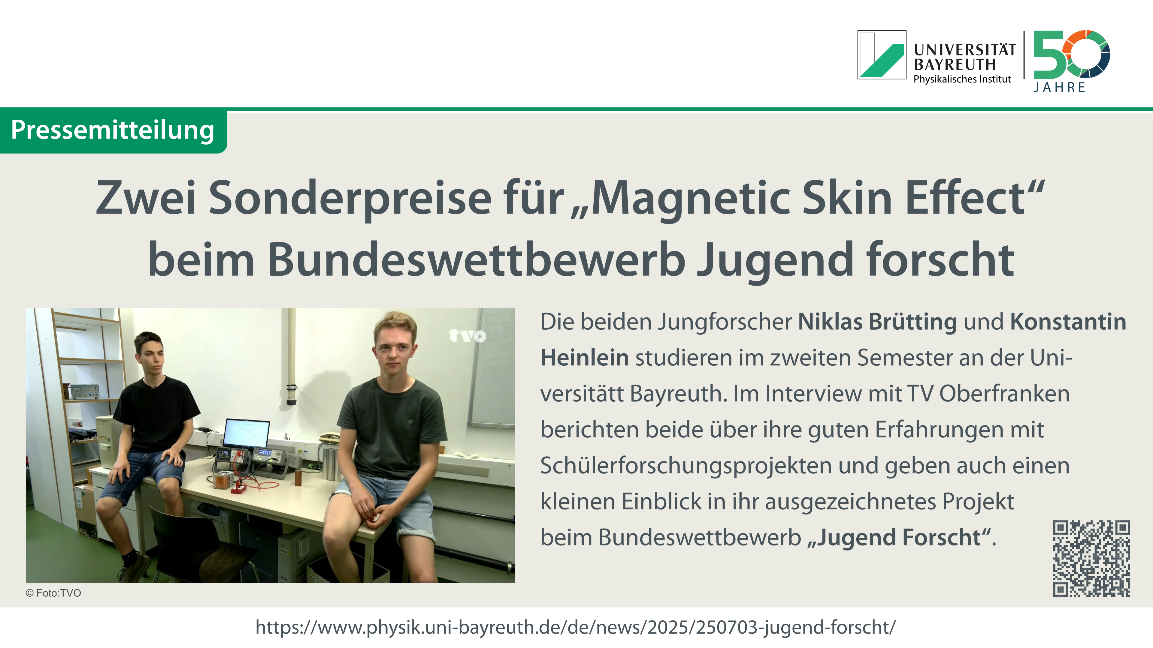 Zwei Sonderpreise für „Magnetic Skin Effect“  beim Bundeswettbewerb Jugend forscht